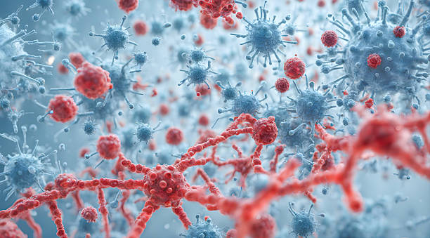 3d virus cells attacking a dna strand